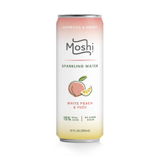 Load image into Gallery viewer, A 12 fl oz can of Moshi Sparkling Water in White Peach &amp; Yuzu flavor, featuring a white label with a soft pink-to-yellow gradient at the top and bottom, and an illustration of a peach and a lime slice.
