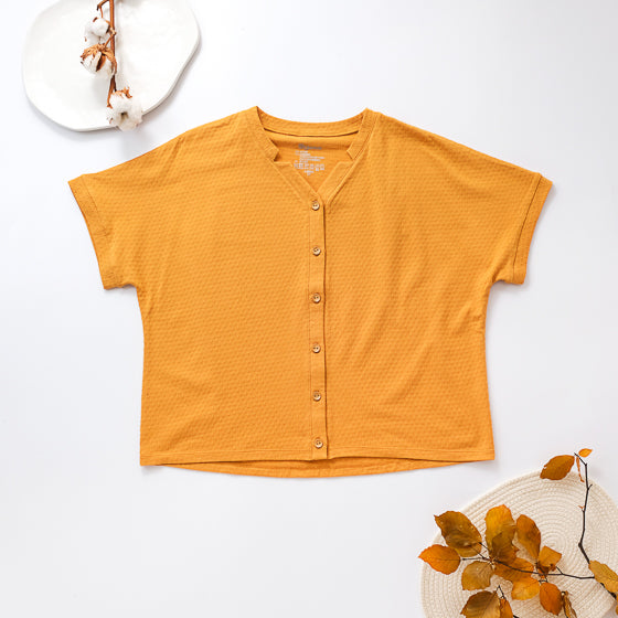 里仁女有機棉點點文藝V領衫-暖陽 Leezen Women's Organic Cotton V neck Top-Orange