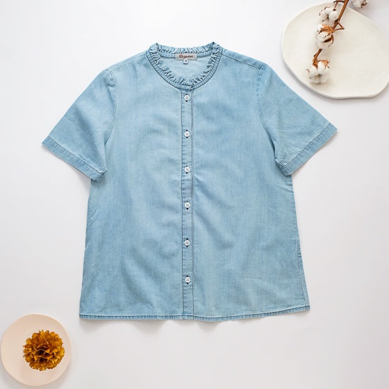 里仁女天絲牛仔荷葉襯衫(淺藍) Leezen Organic Cotton Denim Shirt-Light Blue