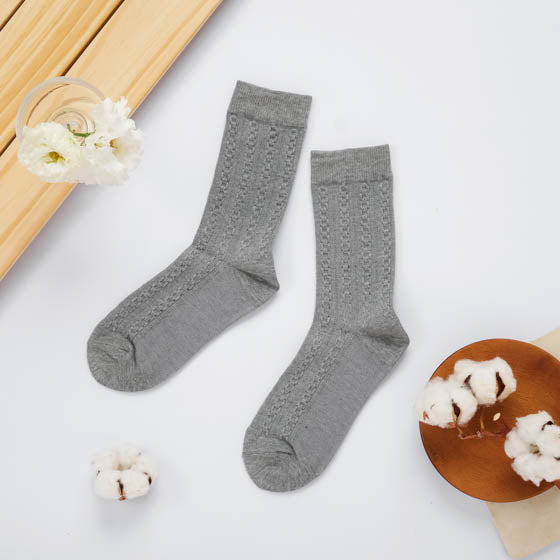 里仁立體麻花中筒襪-灰 Leezen Organic Cotton Calf Socks-Grey