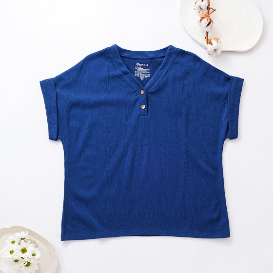 里仁女有機棉微皺開領連袖衫-海藍 (M) Leezen Women's Organic Cotton open neck shirt-Navy Blue